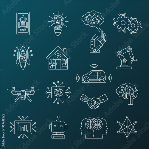 AI innovation and future technology white line icon set on a dark blue background. Suitable for web, apps, infographics, and tech presentations.	