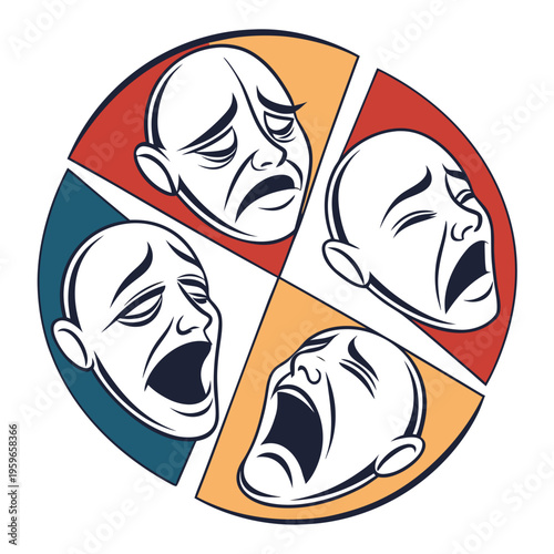 Four different theatrical masks depicting sad and crying expressions arranged in a circular design with colorful segments