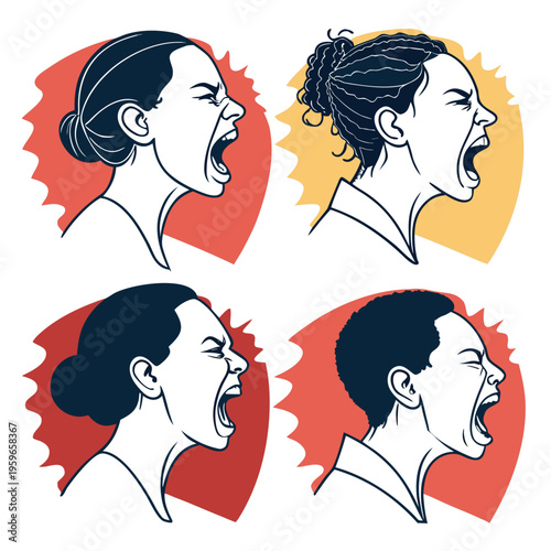 Four different profile views of women with various hairstyles and skin tones screaming with their mouths wide open expressing anger
