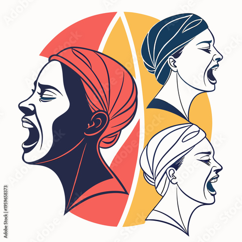 Four different profile views of women in various colors screaming with their mouths wide open inside a circular design