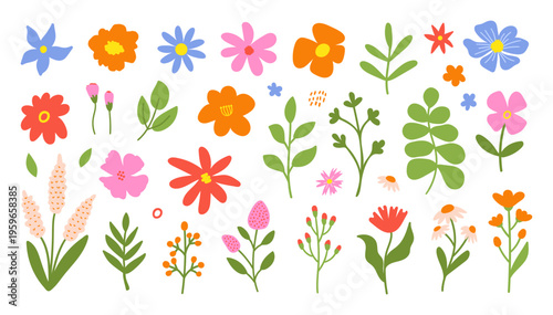 Big Floral set cute botanical elements on a white background. Spring and summer groovy flowers, leaves, branches. Vector illustration	