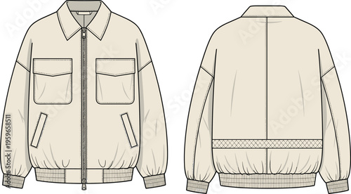 bomber jacket mockup, front and back views, zipper closure with pocket design, casual outerwear apparel template, realistic clothing illustration
