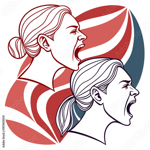 Two women screaming in profile, showing extreme emotion and distress, with abstract background elements suggesting tension and noise