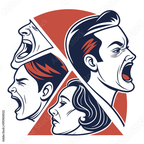 Four different profiles of men and women showing various emotional states, from screaming and anger to contemplation, in a circular arrangement
