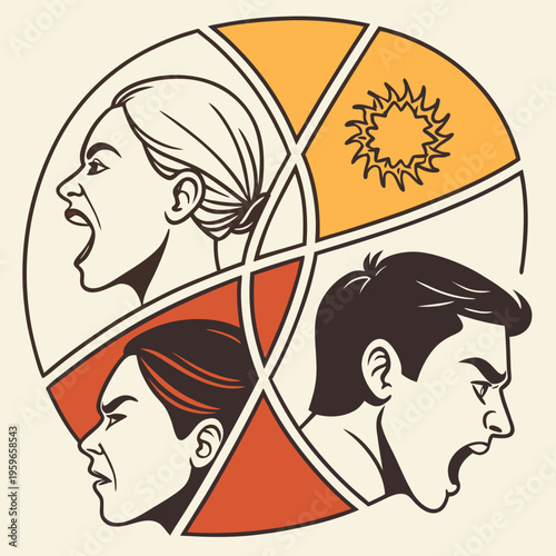 Circular composition of various facial expressions including screaming and angry individuals, illustrating a spectrum of negative human emotions