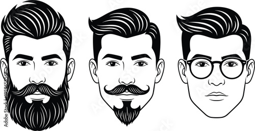 Male grooming styles, beard and mustache trends, hipster haircuts, facial hair fashion, stylish men portraits, barbershop inspiration, modern masculine looks