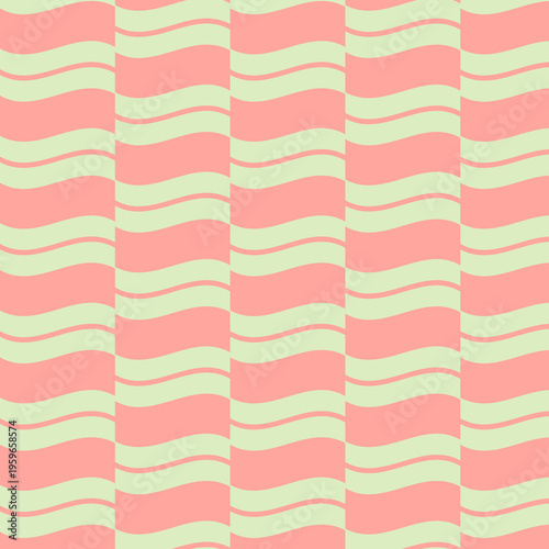 Pastel Wavy Seamless Pattern, Pink and Green Abstract Waves Background, Soft Retro Geometric Flow Design, Modern Repeat Textile Pattern