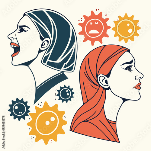 Stylized profile of a shouting woman contrasted with sad woman. Gears and sun symbols surround them. Emotional contrast.