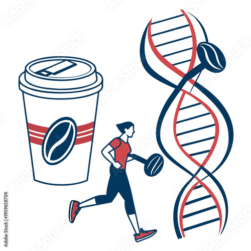 Conceptual art of woman running next to large coffee cup and dna helix representing genetic markers for exercise motivation and caffeine sensitivity
