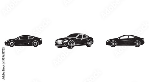 Three black silhouettes of modern cars in different angles on white background  side views of sedans and coupe models