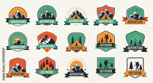 Mountain Adventure and Outdoor Hiking Logo Badges Set - Vintage Wilderness Camping Emblems with Tents, Peaks and Hikers