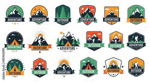 Set of 18 Outdoor Adventure and Hiking Vector Badges with Mountains, Tents, and Forest Elements for Camping, Travel, and Wilderness Exploration Branding