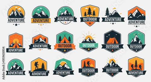 Outdoor Adventure and Mountain Camping Logo Badge Set, Vintage Vector Emblems for Hiking, Trekking, and Wilderness Exploration