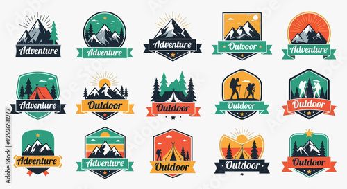 Set of 15 Vintage Mountain Adventure and Outdoor Camping Badges. Retro Vector Logo Designs for Hiking, Travel, and Wilderness Exploration.