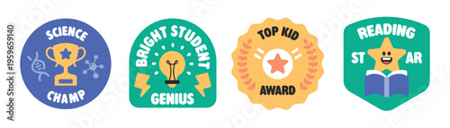Set of achievement kids students award design badge collection.