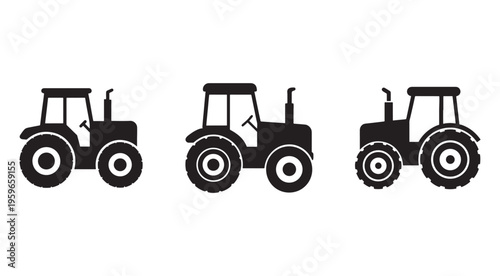 Three black tractor silhouettes in different positions on white background  agricultural vehicles