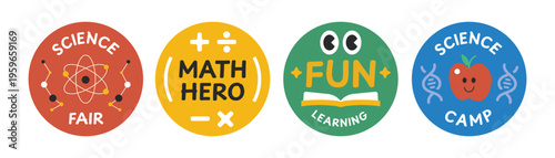 Set of education badge collection. Science fair, fun learning design style.