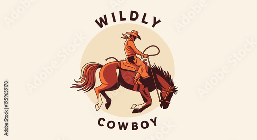 Vintage Cowboy Logo with Bucking Horse and Lasso - Wildly Cowboy Retro Western Rodeo Design