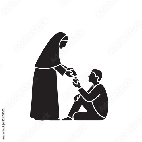 Woman in head covering gives alms or charity to a seated person.