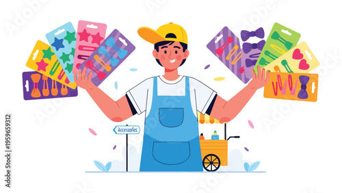 Cheerful Vendor and His Merchandise: A smiling vendor proudly displays colorful merchandise, ready to serve and bring joy to customers.