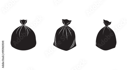 Three black trash bags with white lines on a white background for waste management and garbage collection purposes