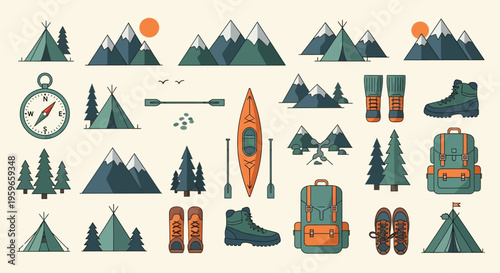 Camping and Hiking Outdoor Adventure Gear Flat Vector Icons Set - Mountains, Tents, Backpacks, and Nature Elements for Travel and Exploration