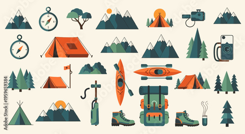 Camping and Outdoor Adventure Icon Set featuring Mountains, Tents, Hiking Gear, Kayaks, and Navigation Tools in Modern Flat Vector Style