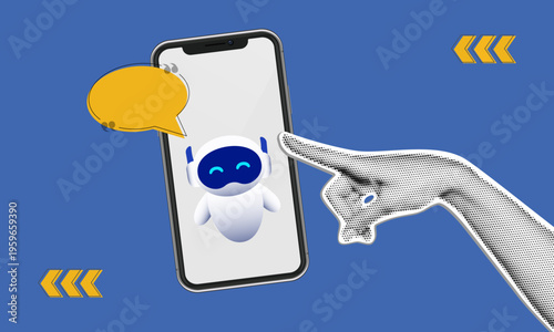 Concept of artificial intelligence telephone consulting and digital communication and data flow design. Vector halftone collage.