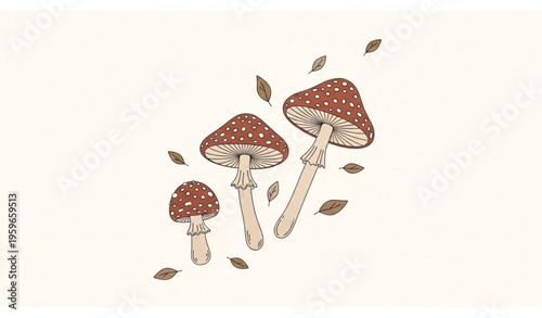 Fly Agaric Mushrooms with Autumn Leaves Minimal Modern Vector Illustration Isolated on White Background
