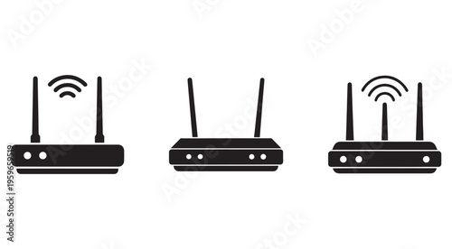 Three black wireless routers with antennas on white background for networking and internet connectivity  communication technology devices