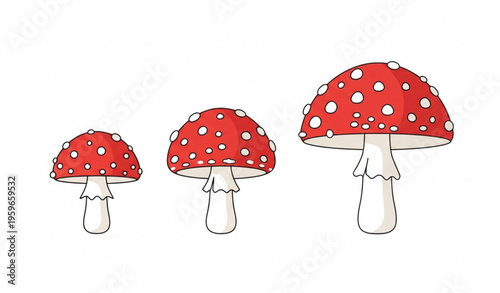 Three Red Fly Agaric Mushrooms in Line Minimal Flat Vector Illustration Isolated on White Background