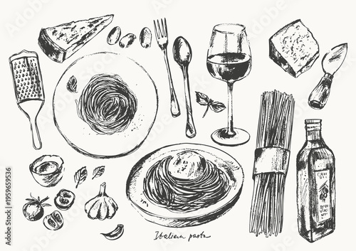 Hand drawn ink Italian pasta sketches set. Spaghetti recipe ingredients. Cheese olives tomato olive oil. For food background. Mediterranean menu.