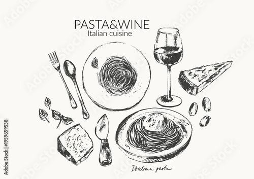 Hand drawn ink Italian pasta sketches set. Spaghetti recipe ingredients. Cheese olives tomato olive oil. For food background. Mediterranean menu.