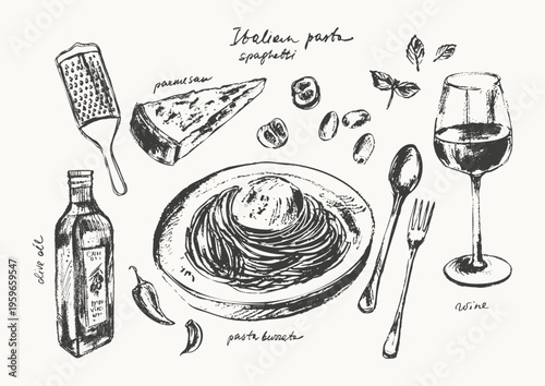 Hand drawn ink Italian pasta sketches set. Spaghetti recipe ingredients. Cheese olives tomato olive oil. For food background. Mediterranean menu. Culinary and cooking design.