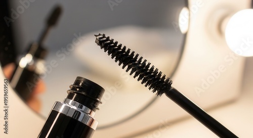 Close-up of a black mascara wand and open tube in front of a lighted vanity mirror. Professional beauty and makeup application photography.