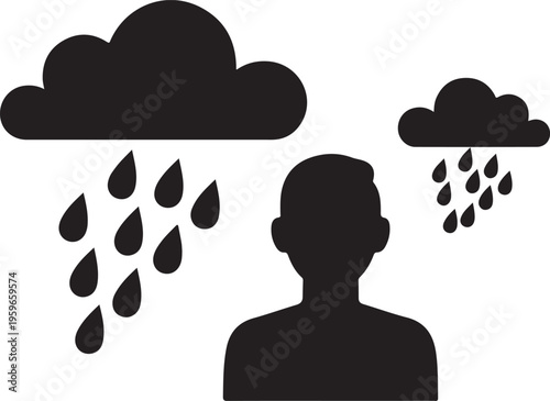 Depressed man silhouette with rain clouds, mental health concept illustration, sad person feeling lonely under rainy weather, black vector icon