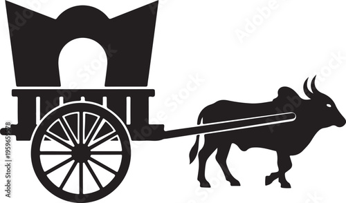 Traditional bullock cart silhouette vector, vintage ox drawn carriage icon, black and white rural transport illustration, ethnic wooden wagon with ox
