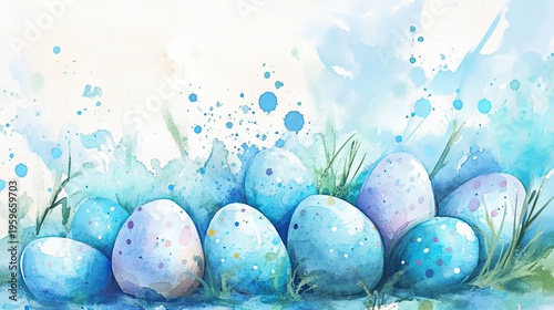 A vibrant Easter scene featuring blue eggs in a grassy setting with a watercolor background