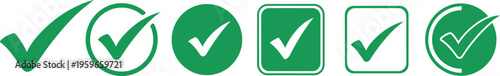 Green check mark icons set, 6 vector validation symbols, approved tick marks for web interface