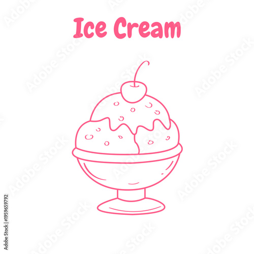 Ice cream sundae with cherry and syrup line art illustration on white background