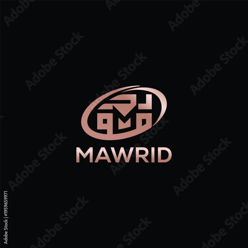 Modern Arabic-inspired monogram logo for “Mawrid (موارد)”, featuring a sleek oval shape, ideal for luxury brands and premium business identity.