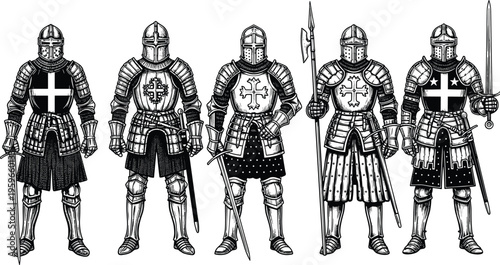 Medieval knights in full armor, standing united, heraldic symbols, historical warriors, stylized illustration, blue tones, epic battle formation, vintage style