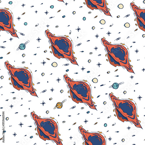Seamless Retro Black Hole Pattern Orange Navy Hand Drawn Vector Space