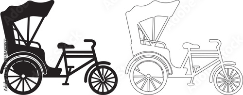 Traditional cycle rickshaw vector icons, black silhouette and line art trishaw illustrations, vintage asian pedicab transport symbols