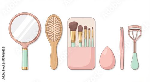 A collection of personal grooming and beauty tools including a handheld mirror, hairbrush, makeup brushes, cosmetic sponge, eyelash curler, and tweezers