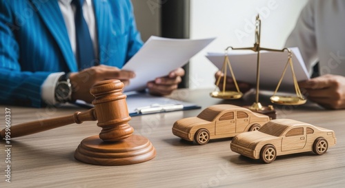 A gavel and cars on a table with two people in the background