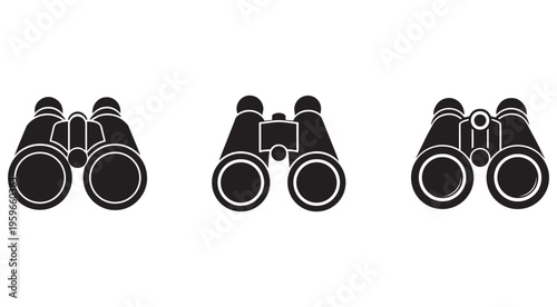 Three different views of binoculars icons in black silhouette on white background for observation and exploration purposes  outdoor and wildlife watching tools