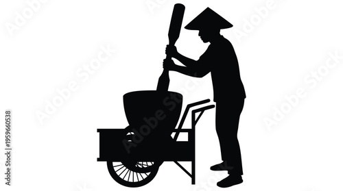 Traditional Asian Street Vendor Silhouette Meticulously Preparing Authentic Local Cuisine From A Mobile Pushcart, Showcasing Cultural Food Heritage