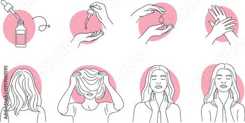 Minimal skincare routine illustration showing serum dropper application hand rubbing facial massage steps beauty self care line art vector infographic