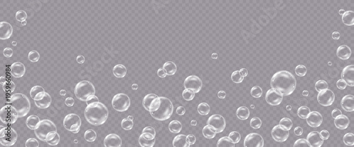 Vector realistic soap bubbles with reflection isolated on transparent background.
